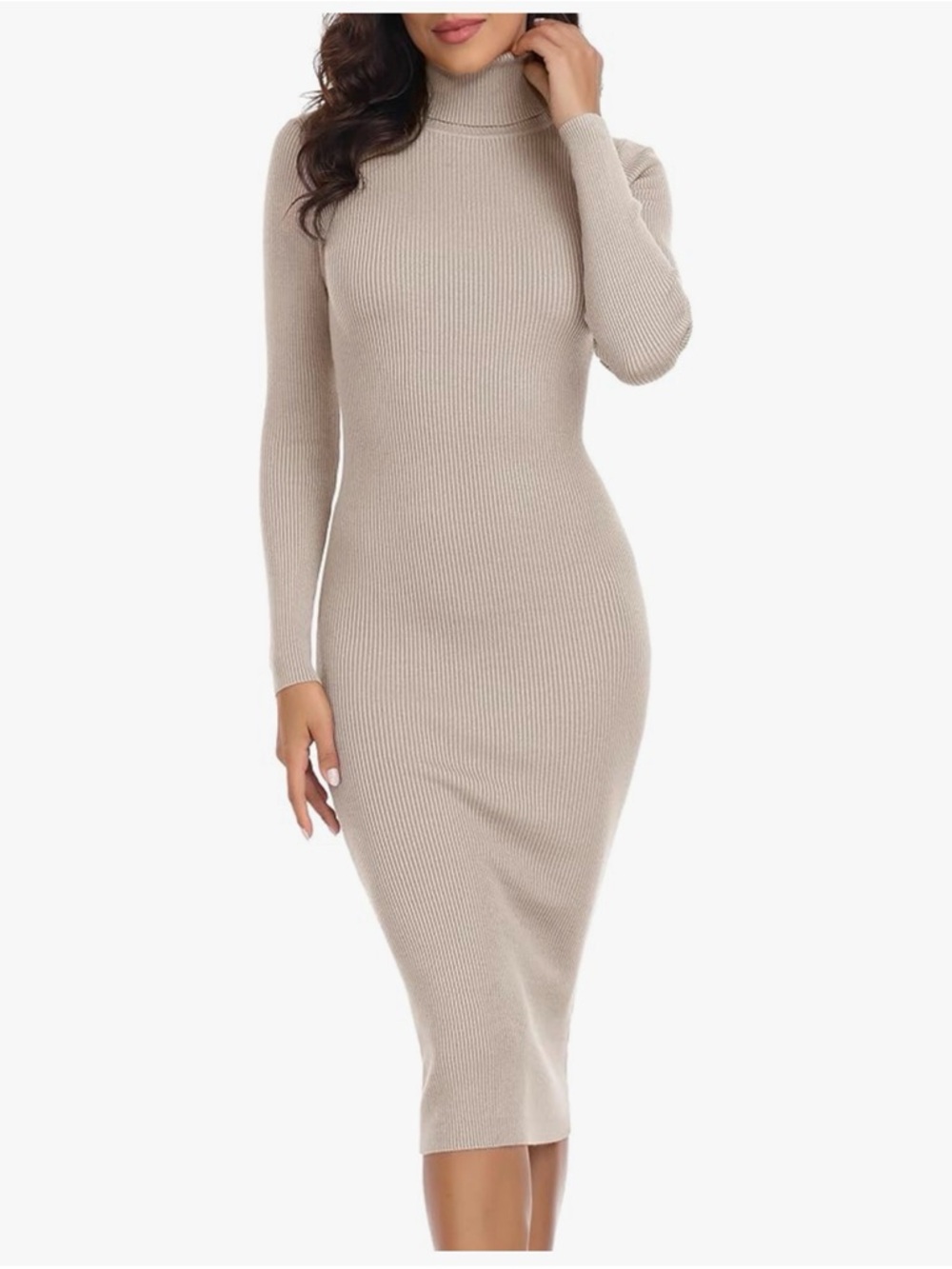 Slim Fit Ribbed Turtleneck Midi Dress in Beige